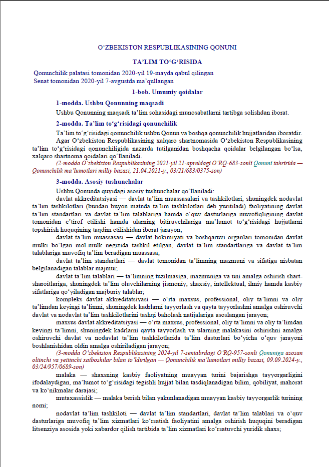OʻZBEKISTON RESPUBLIKASINING QONUNI